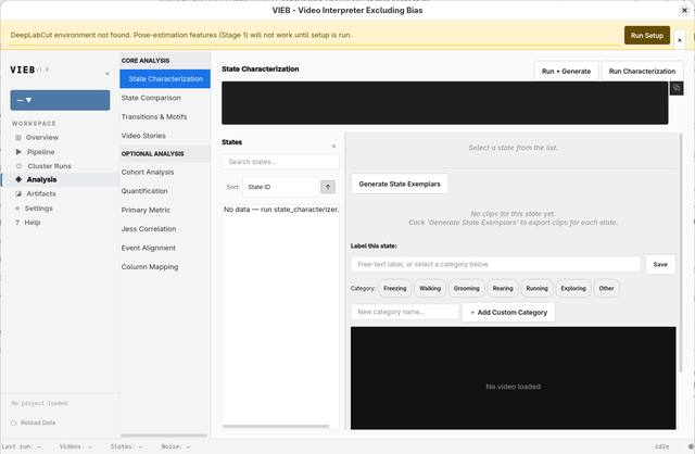 The VIEB desktop application: a sidebar of analysis stages beside a state-exemplar viewer with per-state labeling controls